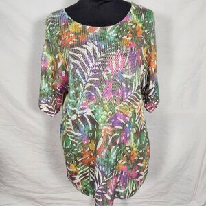 NWT Retro-ology Womens Lightweight Crochet Pullover Sweater Tropical Print Med.